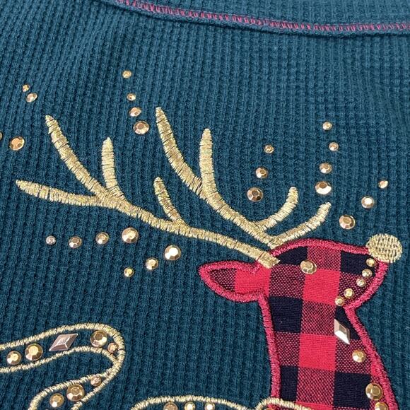 Quacker Factory Womens Thermal Waffleknit Top Size 1X Green Christmas Reindeer - Picture 5 of 11